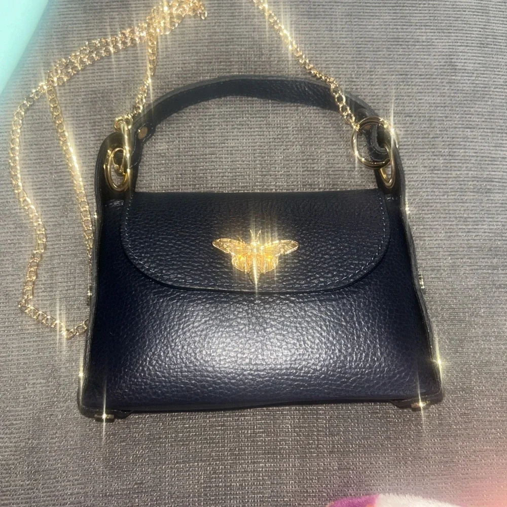 Vera Pelle Navy Little Bee” Bag in Genuine Leather Made in Italy NWOT - Picture 3 of 8